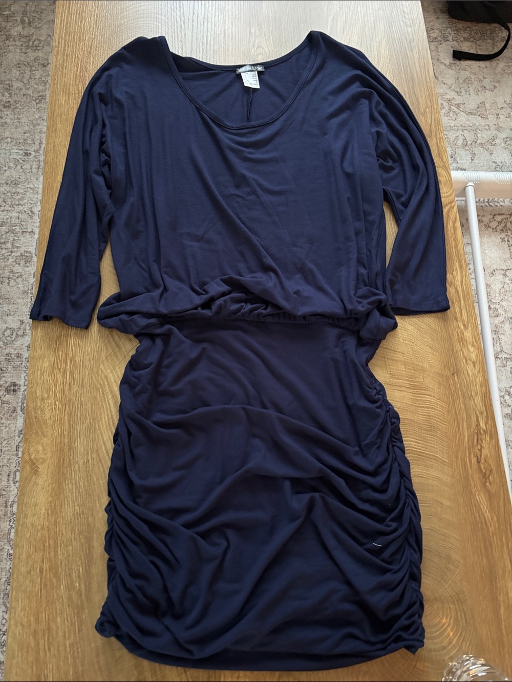 VENUS Navy Ruched-Side Long Sleeve Dress